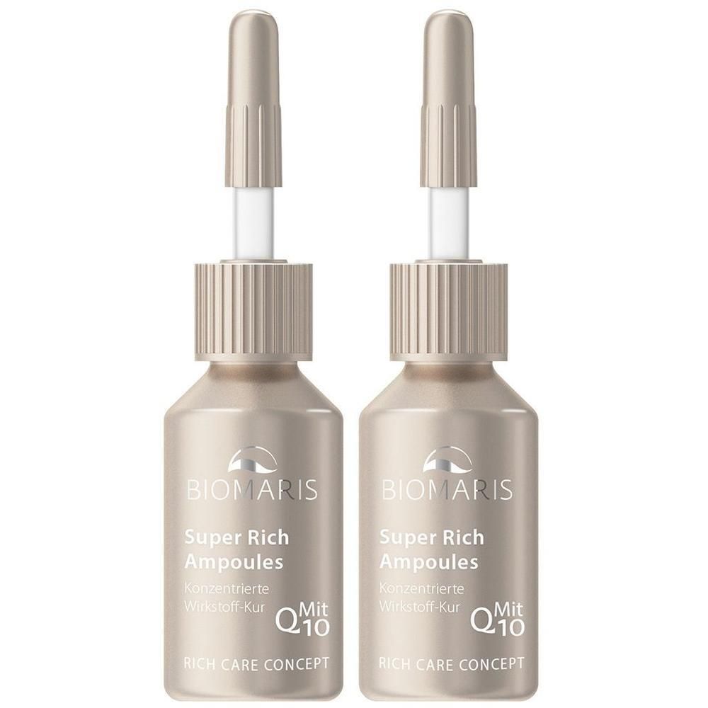 Zwei Ampullen mit beigefarbenem Körper und weißem Aufsatz. Aufschrift: BIOMARIS Super Rich Ampoules, Q10. Konzentrierte Wirkstoff-Kur.
