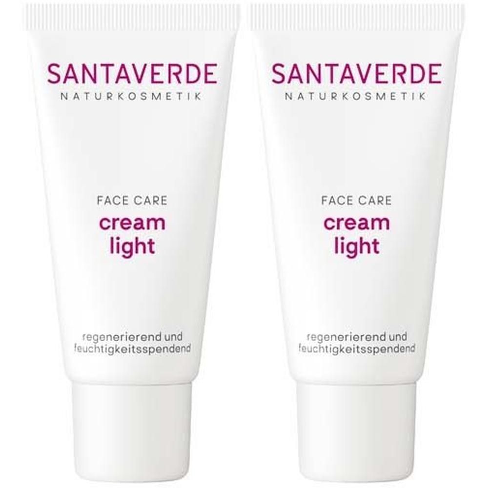 Zwei Tuben SANTAVERDE Creme Light. Weiße Tuben mit lila Schriftzug. Aufschrift: Face Care cream light.