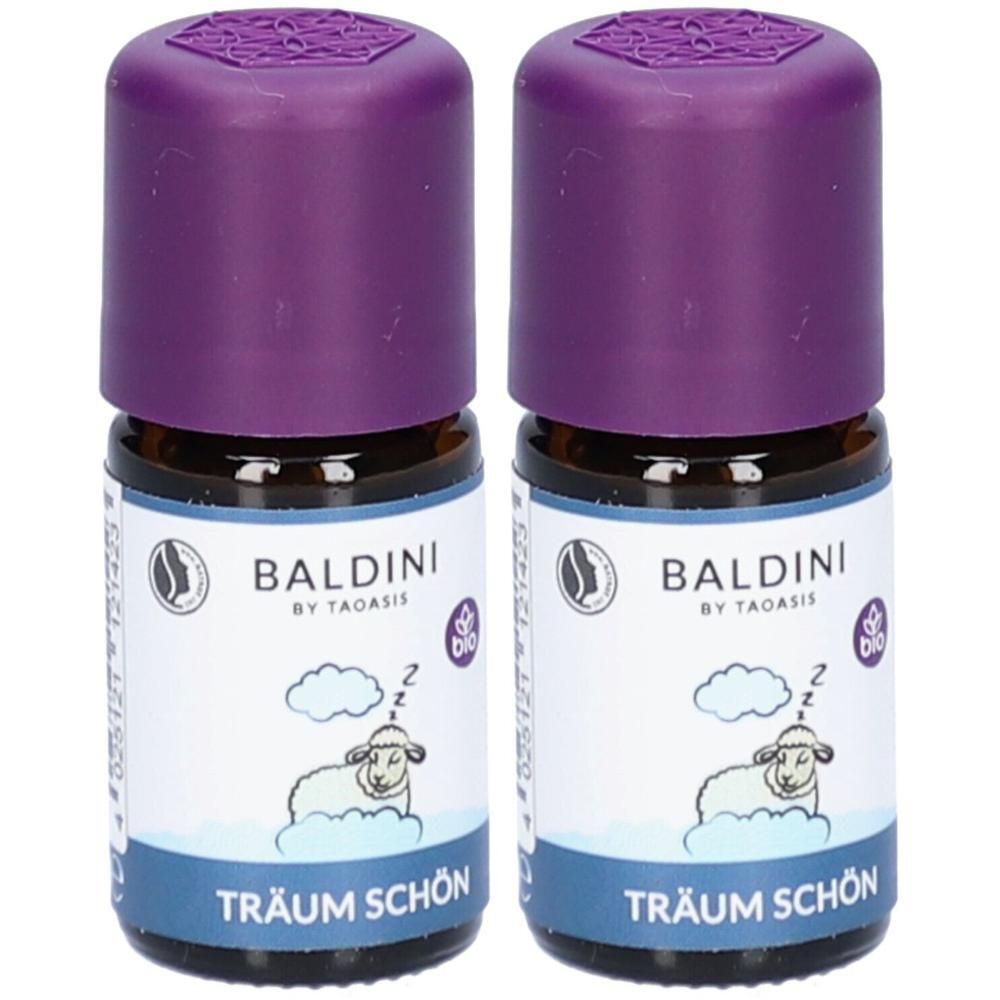 Zwei Flaschen BALDINI Träum schön Öl. Braunglasflaschen mit lila Deckel. Aufschrift: BALDINI, Träum schön, Bio-Siegel, Schaf.