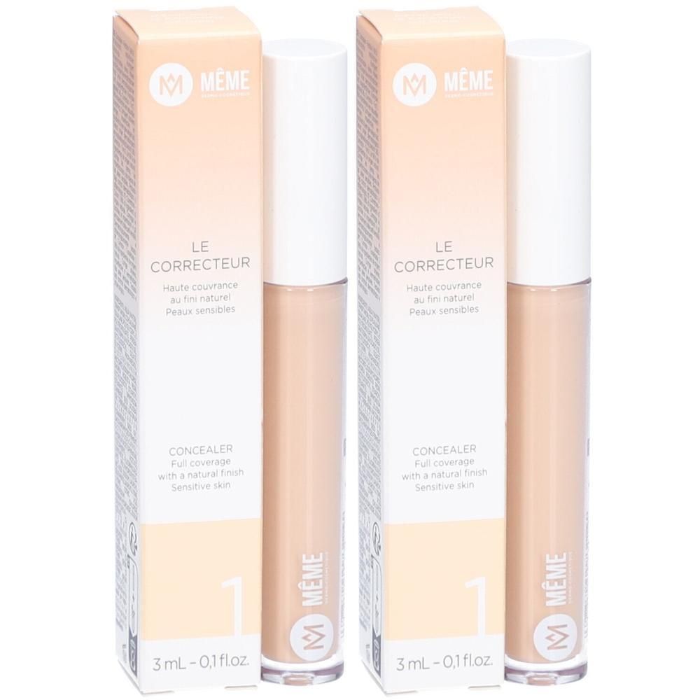 Zwei Concealer-Tuben mit Verpackung. Auf der Verpackung steht "MEME", "LE CORRECTEUR" und "CONCEALER". Farbton 1, 3 ml.