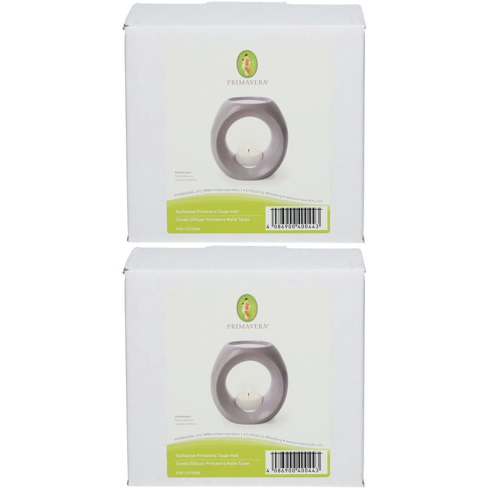 Zwei Verpackungen mit Duftlampe Primavera Taupe. Jede Box zeigt eine ovale, graue Duftlampe mit Teelicht. Primavera Logo.