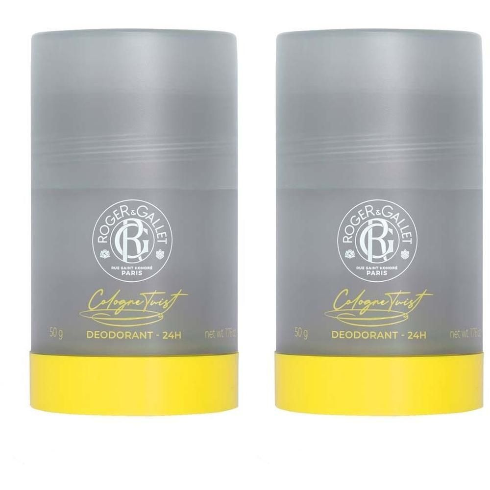 Zwei Deodorant-Stifte mit gelbem Boden und grauer Hülle. Aufschrift: ROGER&GALLET, Cologne Twist, Deodorant - 24H.
