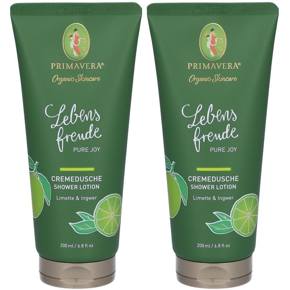 Zwei grüne Tuben mit "Lebensfreude" und "Cremedusche". Marke: PRIMAVERA. Limette & Ingwer. 200ml.