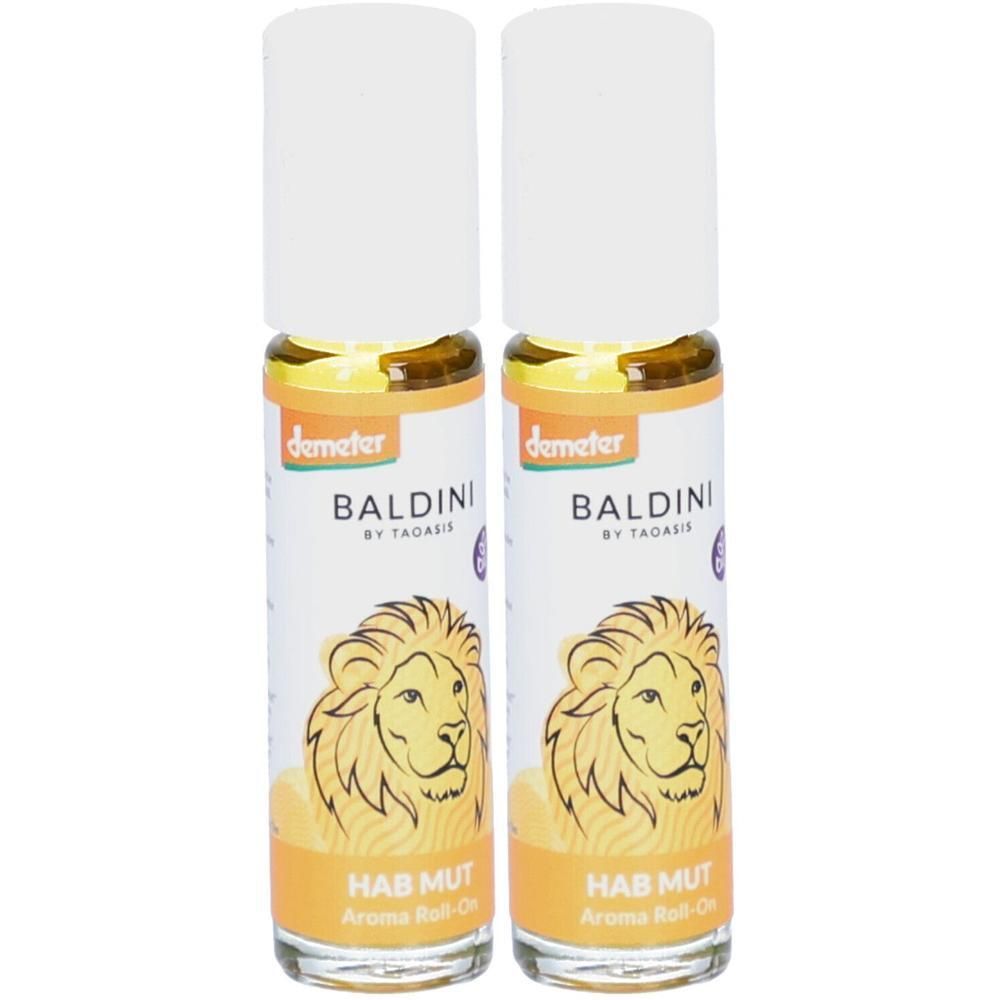 Zwei Roll-ons mit weißem Deckel. Aufschrift: BALDINI, HAB MUT, Aroma Roll-On. Logo: Löwe. Marke: demeter.