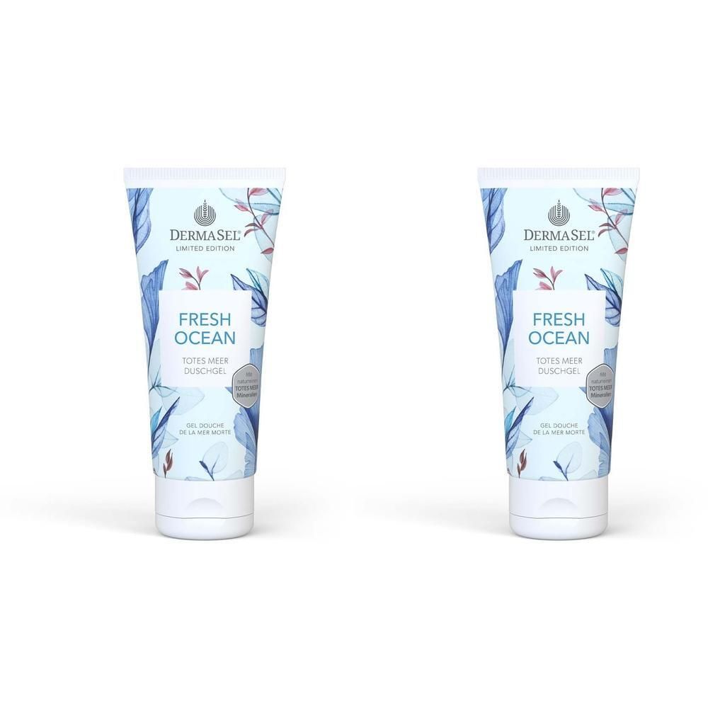 Zwei Tuben Duschgel mit floralem Design. Aufschrift: DERMASEL, FRESH OCEAN, Totes Meer Duschgel.