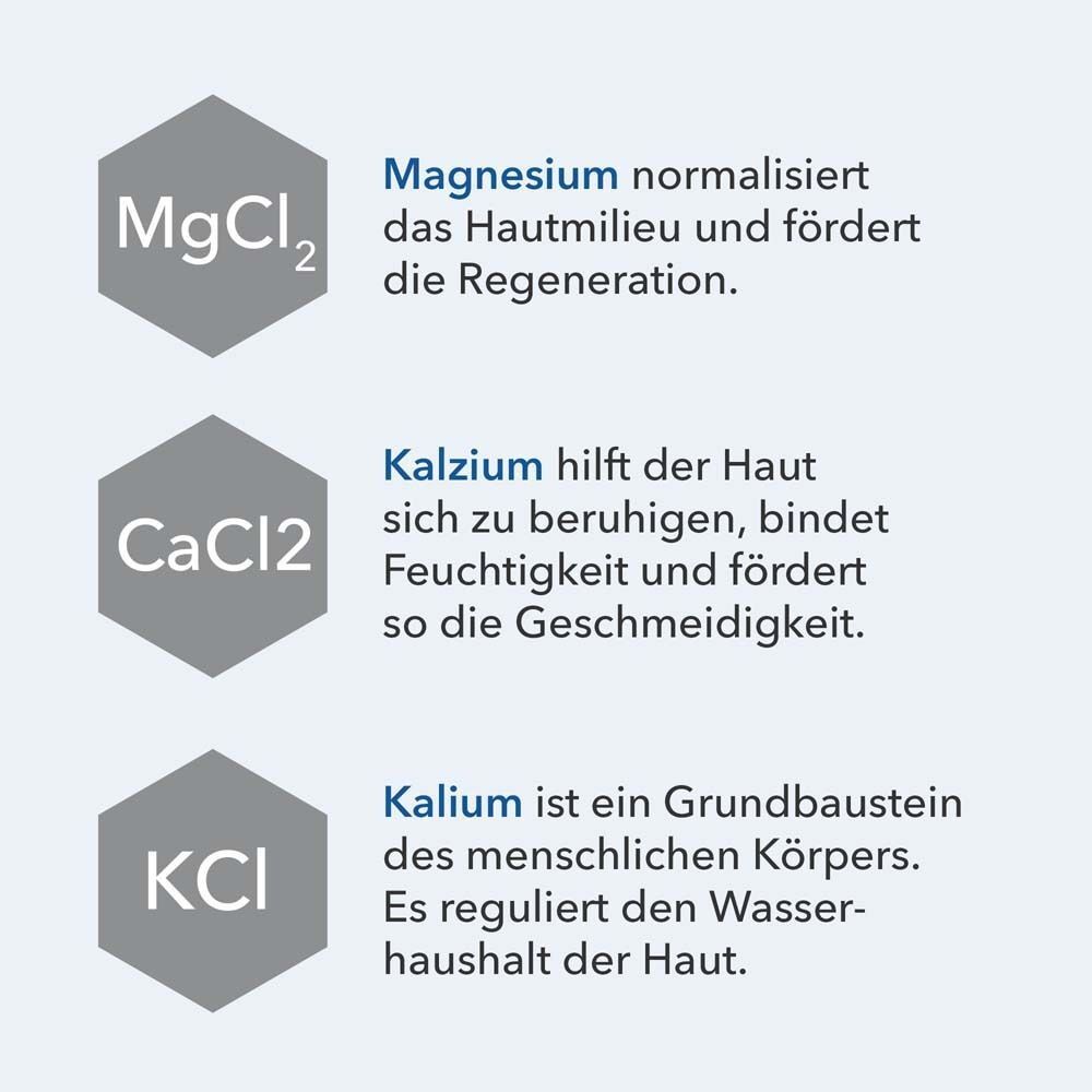 Drei hexagonale Formen mit Texten: Magnesium, Kalzium, Kalium. Beschreibungen der Wirkung auf die Haut.