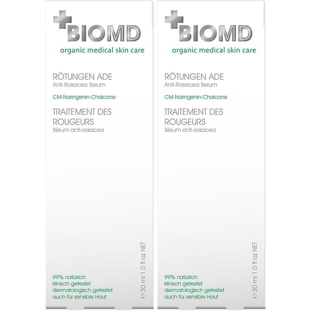 Zwei weiße Produktverpackungen. Aufschrift: BIOMD, Rötungen Ade Serum, CM-Naringenin-Chalkon. 99% natürlich, dermatologisch getestet.