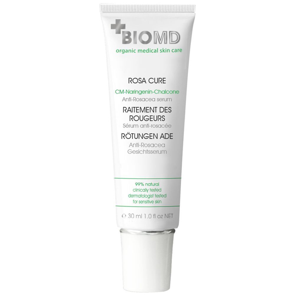 Weiße Tube mit Aufschrift: BIOMD, Rosa Cure, CM-Naringenin-Chalkon, Rötungen Ade. 30 ml. 99% natürlich, dermatologisch getestet.