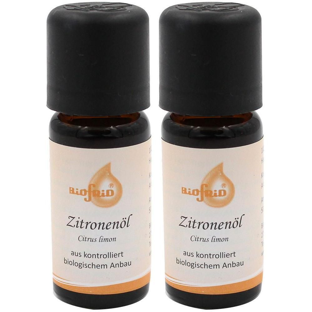 Zwei braune Glasflaschen mit schwarzem Deckel. Auf den Etiketten steht "Zitronenöl" und "Biofein".