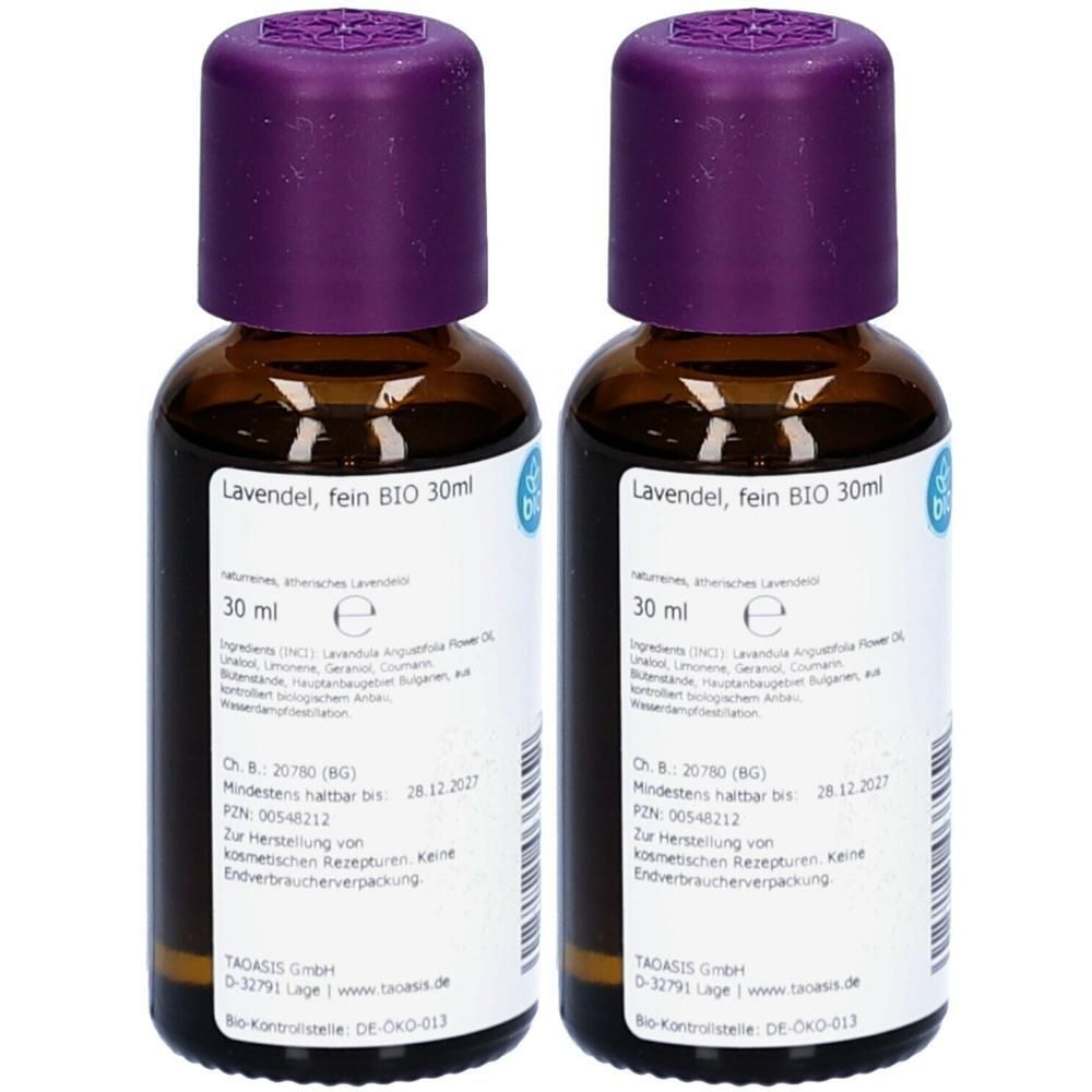 Zwei braune Glasflaschen mit lila Deckel. Aufschrift: Lavendel, fein BIO 30ml. Etikett mit Inhaltsstoffen und Chargennummer.