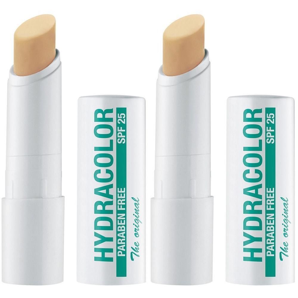 Lippenpflege-Stifte, farblos. Weiße Hüllen mit grüner Schrift. Text: HYDRACOLOR, SPF 25, PARABEN FREE, The original. Geöffnete Stifte.
