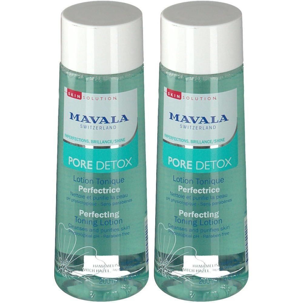 Zwei Flaschen MAVALA Pore Detox Gesichtslotion. Hellgrüne Flüssigkeit in zylindrischen Flaschen mit weißem Deckel. Produktetikett.