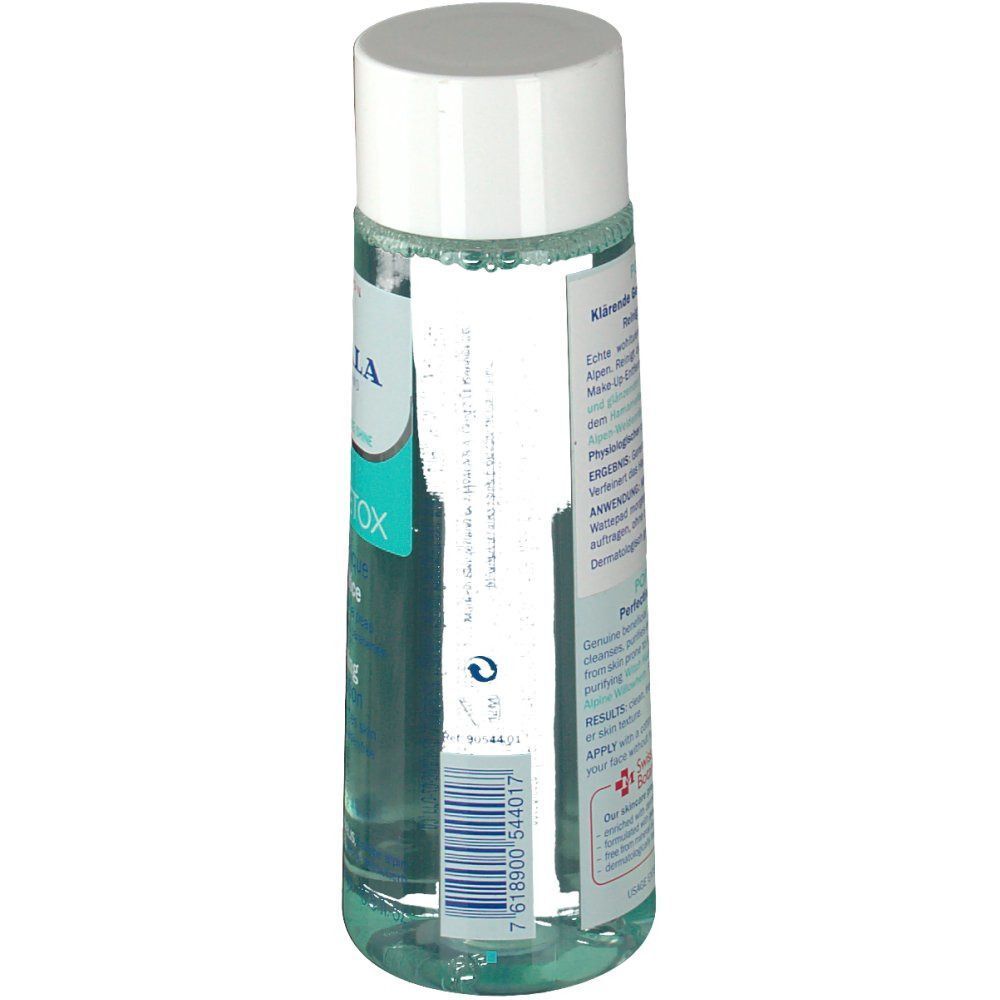 MAVALA Pore Detox Flasche, Rückansicht. Zylindrische Flasche mit weißem Deckel. Etikett mit Produktinformationen und Barcode.