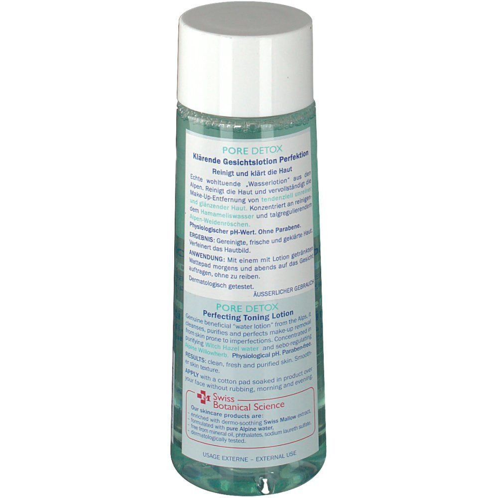 MAVALA Pore Detox Flasche, Rückansicht. Zylindrische Flasche mit weißem Deckel. Etikett mit Produktinformationen, Text und Logo.