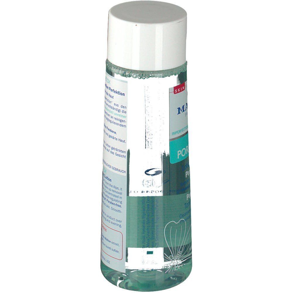 MAVALA Pore Detox Flasche, Rückansicht. Zylindrische Flasche mit weißem Deckel. Etikett mit Produktinformationen und Logo.