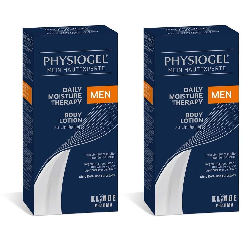 Zwei blaue Kartons. Aufschrift: PHYSIOGEL, Daily Moisture Therapy, Body Lotion, MEN. 7% Lipidgehalt. Klinge Pharma.