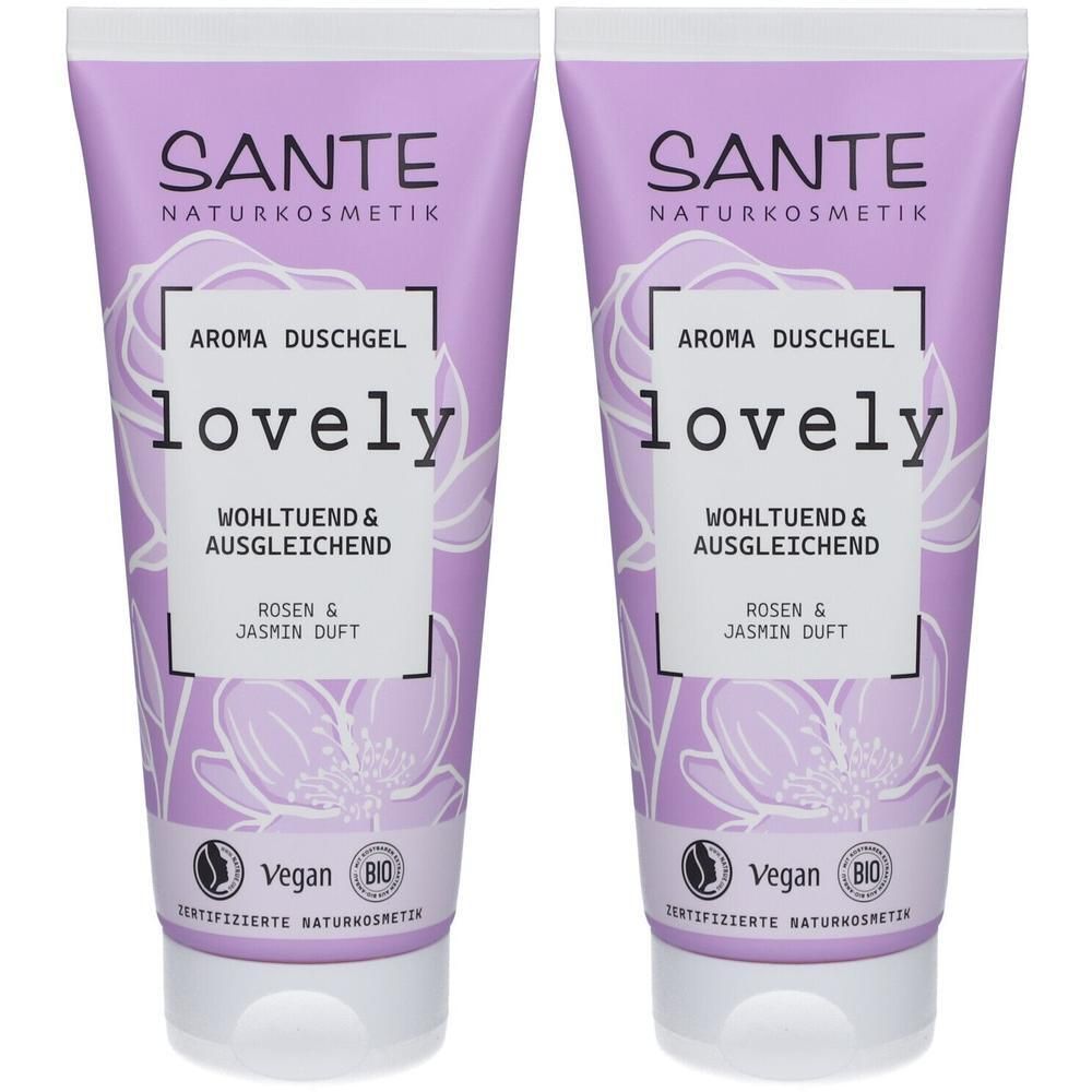 Zwei Tuben Duschgel. Auf jeder Tube steht "lovely", "Aroma Duschgel", "Rosen & Jasmin Duft" und "Vegan".
