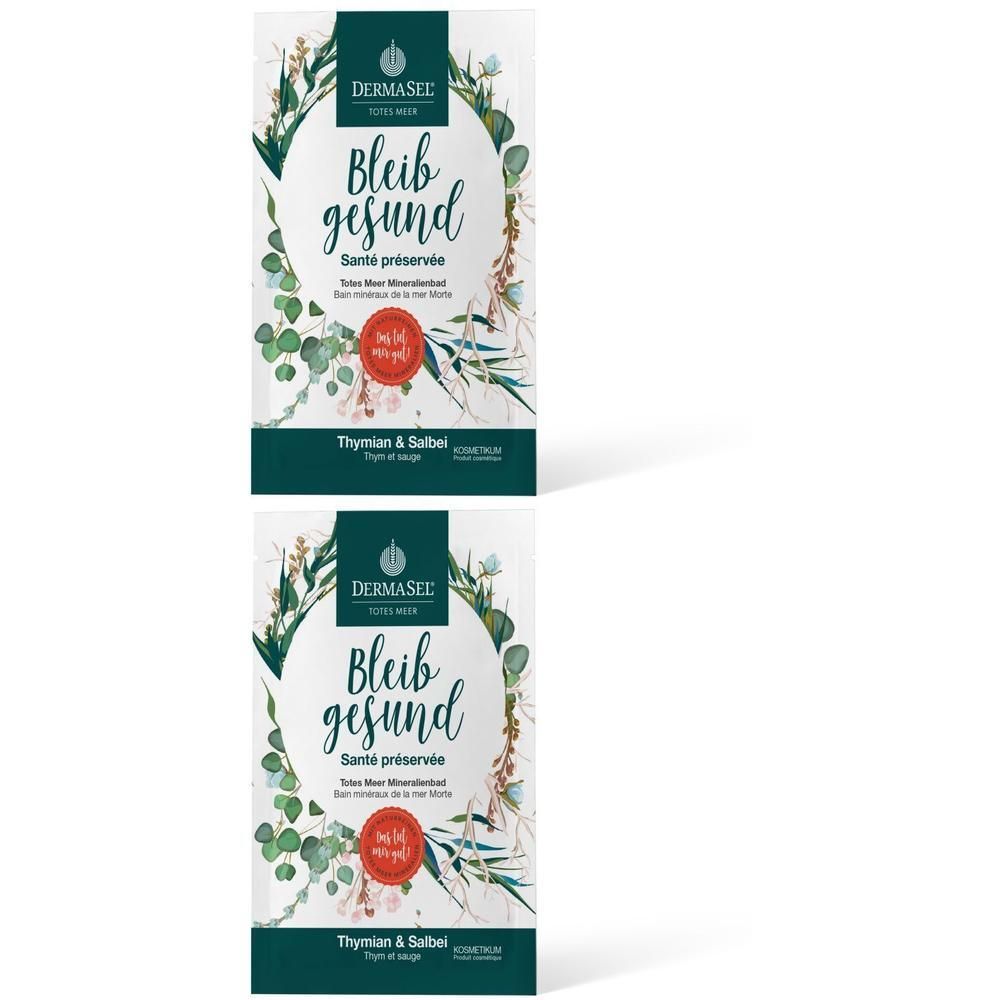 Zwei rechteckige Packungen mit floralem Design. Text: DERMASEL, Bleib gesund, Thymian & Salbei. Roter Siegelaufkleber.