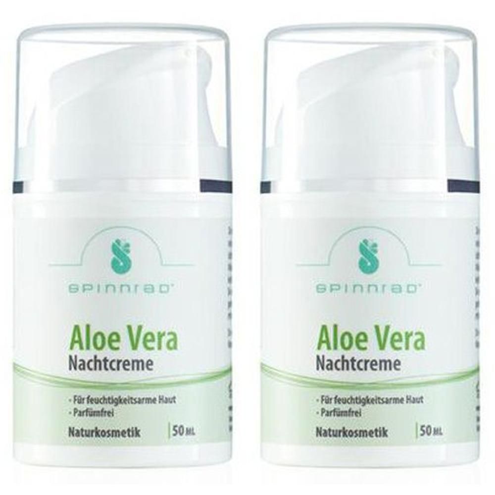 Zwei weiße Spinnrad® Aloe Vera Nachtcreme-Tiegel mit Pumpverschluss. Text: Aloe Vera Nachtcreme, Naturkosmetik, parfümfrei.
