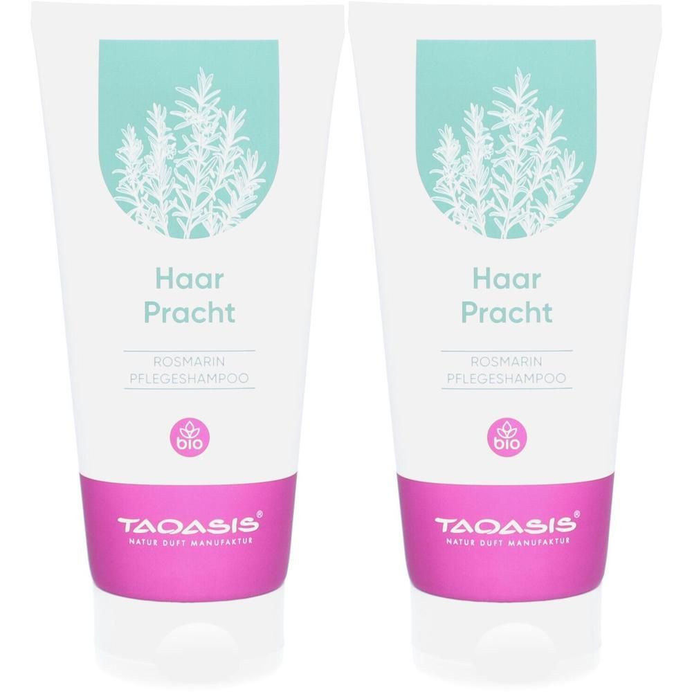Zwei weiße Tuben mit rosa und türkisfarbenen Akzenten. Aufschrift: Haar Pracht, Rosmarin Pflegeshampoo, bio. Marke: TAOASIS.