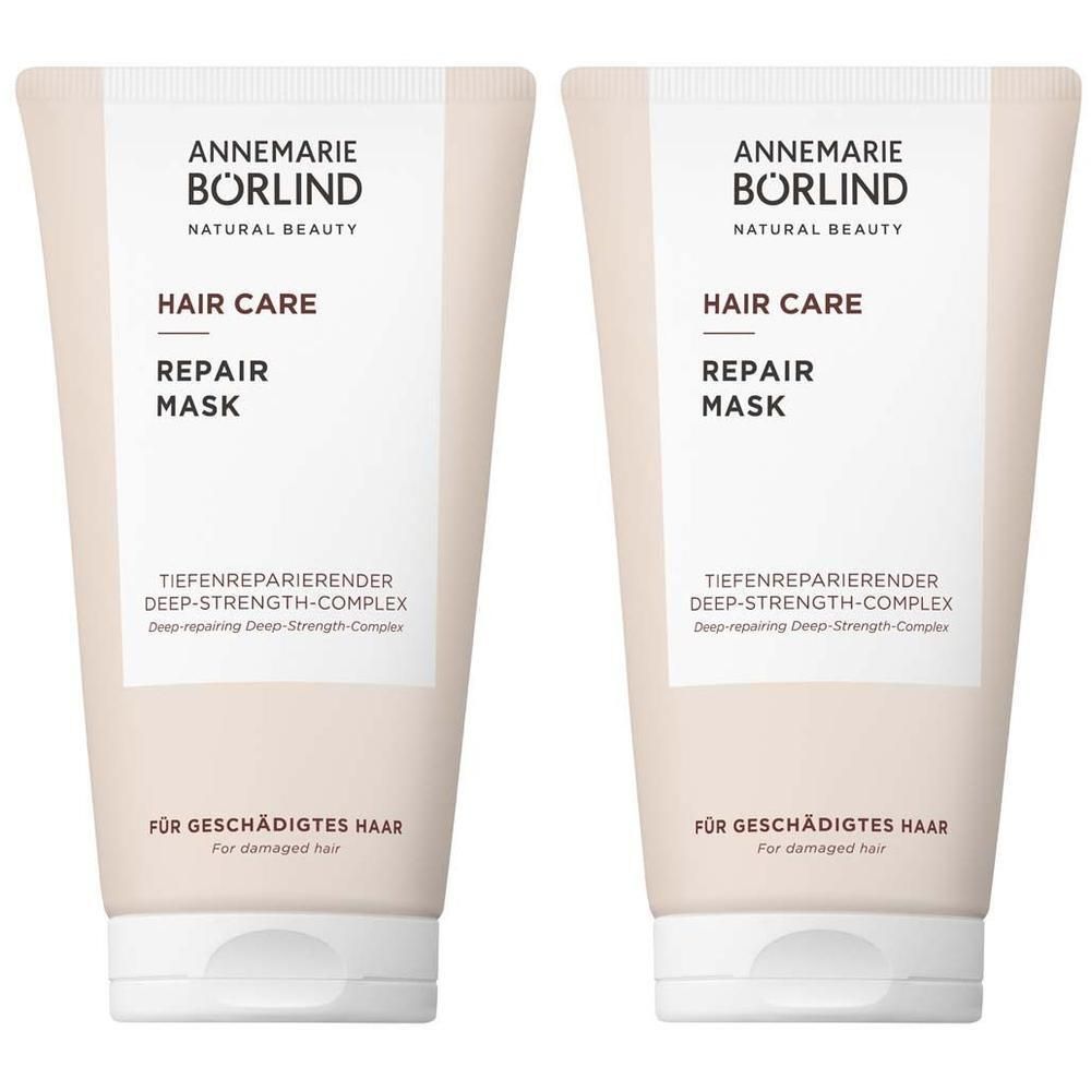 Zwei Tuben BÖRLIND Hair Care Repair Mask. Beige Tuben mit weißem Deckel. Schriftzug: Hair Care Repair Mask.