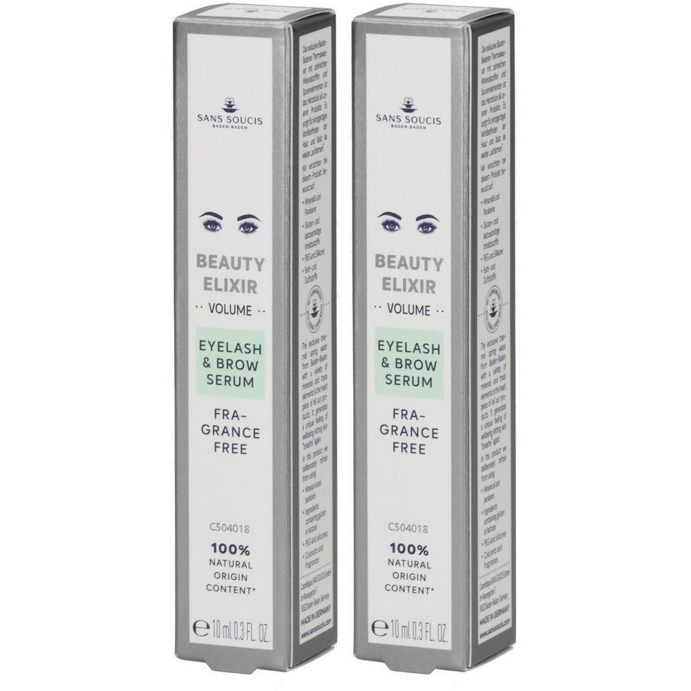 Zwei rechteckige Schachteln mit „SANS SOUCIS“ und „BEAUTY ELIXIR“ Aufdruck. Enthält „EYELASH & BROW SERUM“. „FRAGRANCE FREE“ und „100% NATURAL ORIGIN CONTENT“.