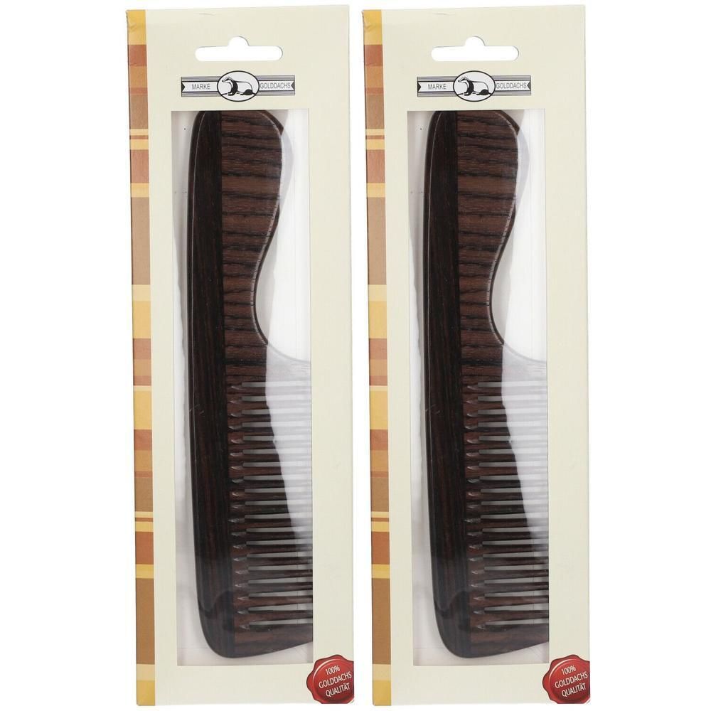 Zwei Kämme aus Rosenholz in Verpackung. Grob gezahnt. Sichtfenster. Roter Qualitätsaufkleber.