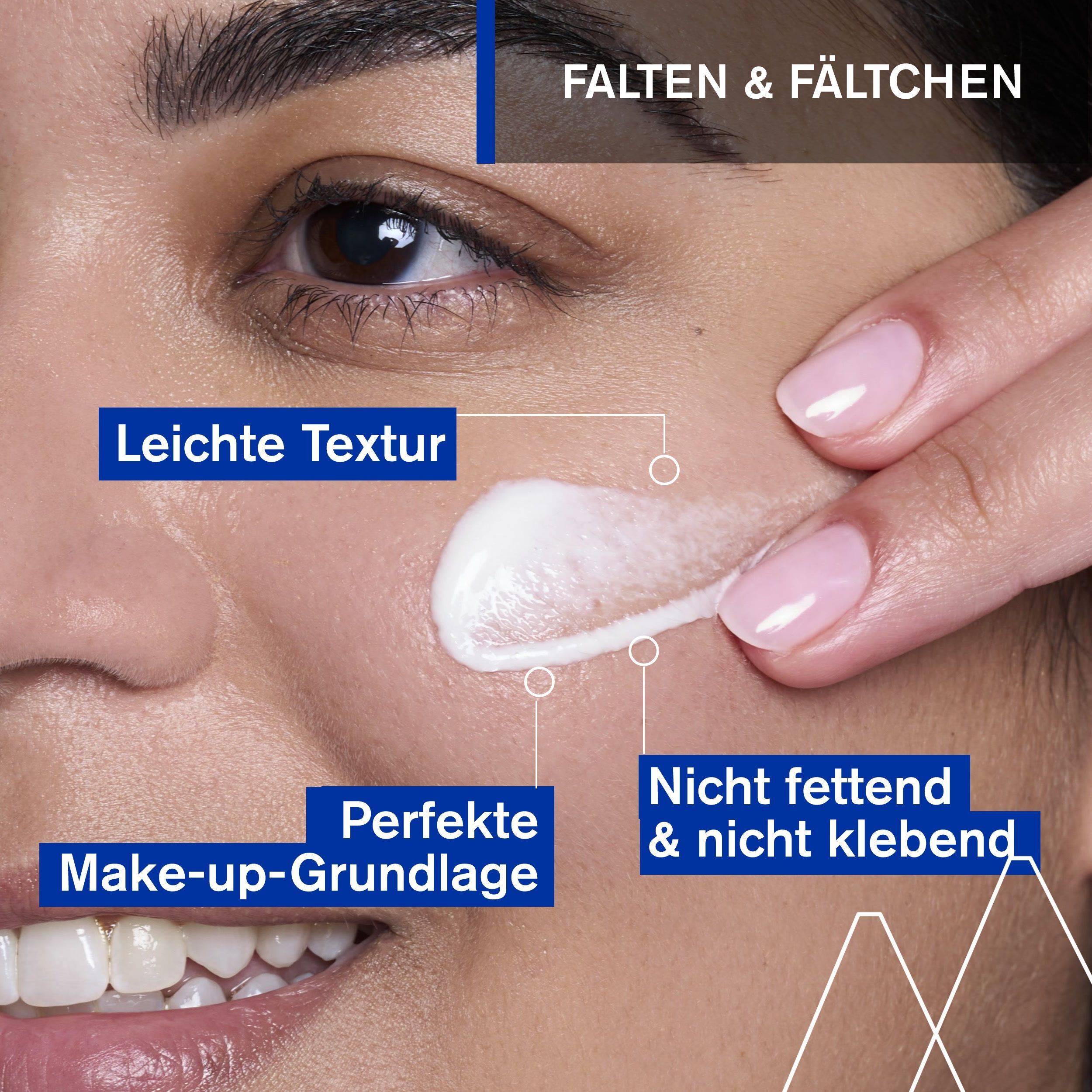 Nahaufnahme einer Frau, die das Produkt auf ihre Haut aufträgt. Text: Leichte Textur, Perfekte Make-up-Grundlage, Nicht fettend & nicht klebend.