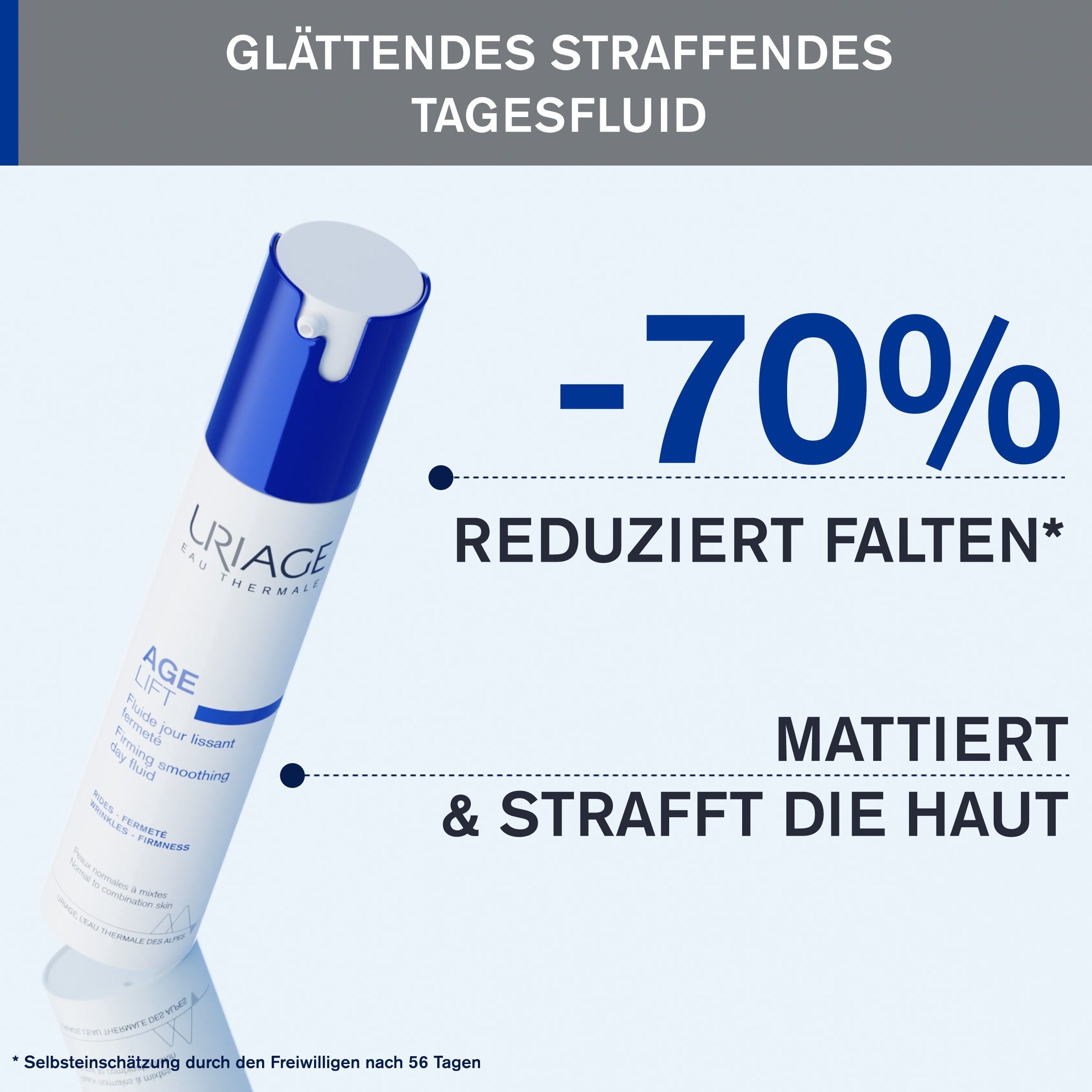 Flasche Uriage Age Lift Tagesfluid. Text: -70% reduziert Falten, mattiert & strafft die Haut. Glättendes straffendes Tagesfluid.
