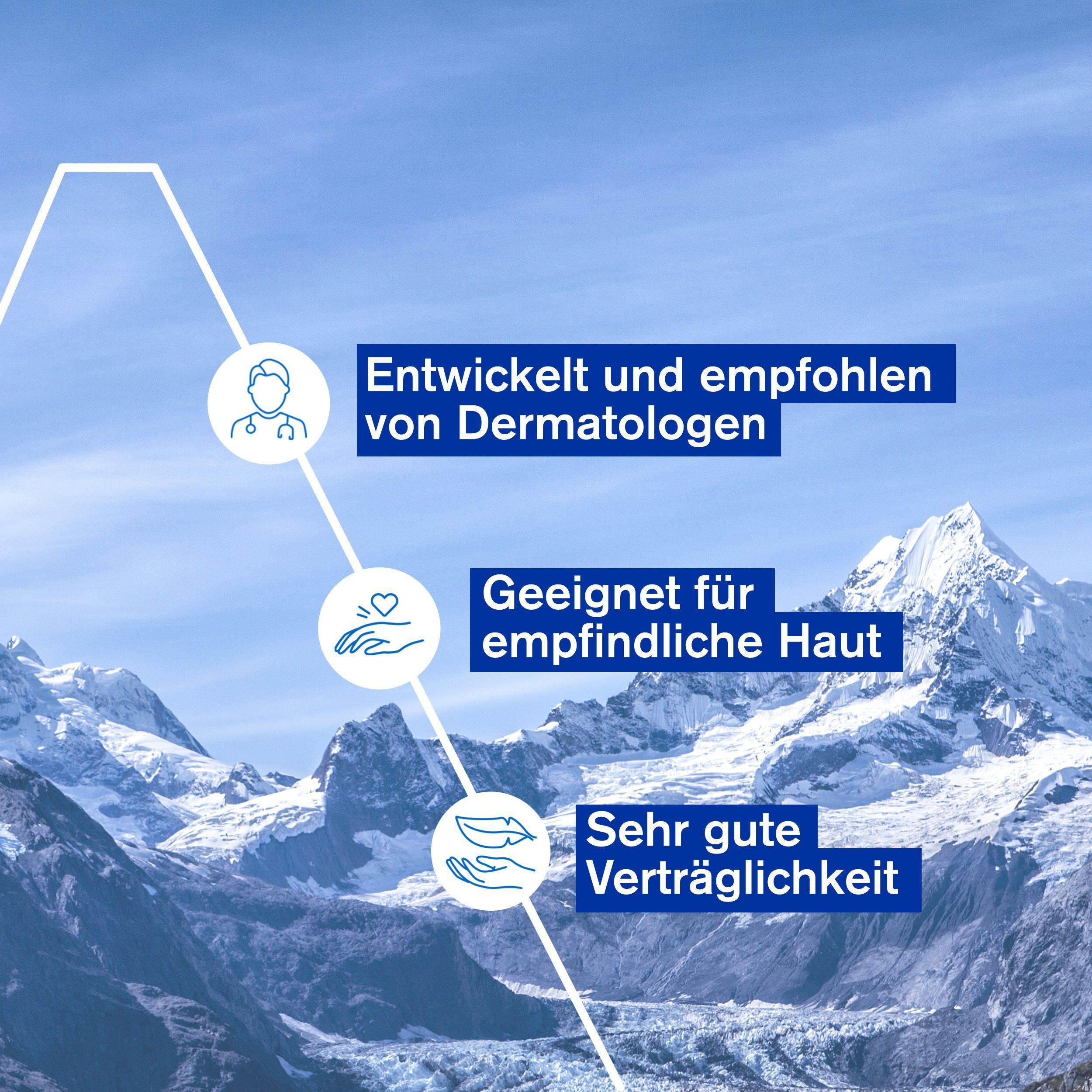 Grafik mit Text: Entwickelt und empfohlen von Dermatologen, Geeignet für empfindliche Haut, Sehr gute Verträglichkeit. Hintergrund: Berge.