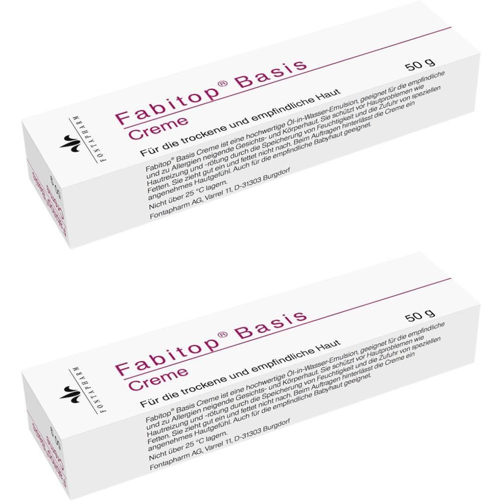Zwei weiße Faltschachteln mit Fabitop Basis Creme-Aufdruck. Text in Lila. 50 g. Für trockene und empfindliche Haut.