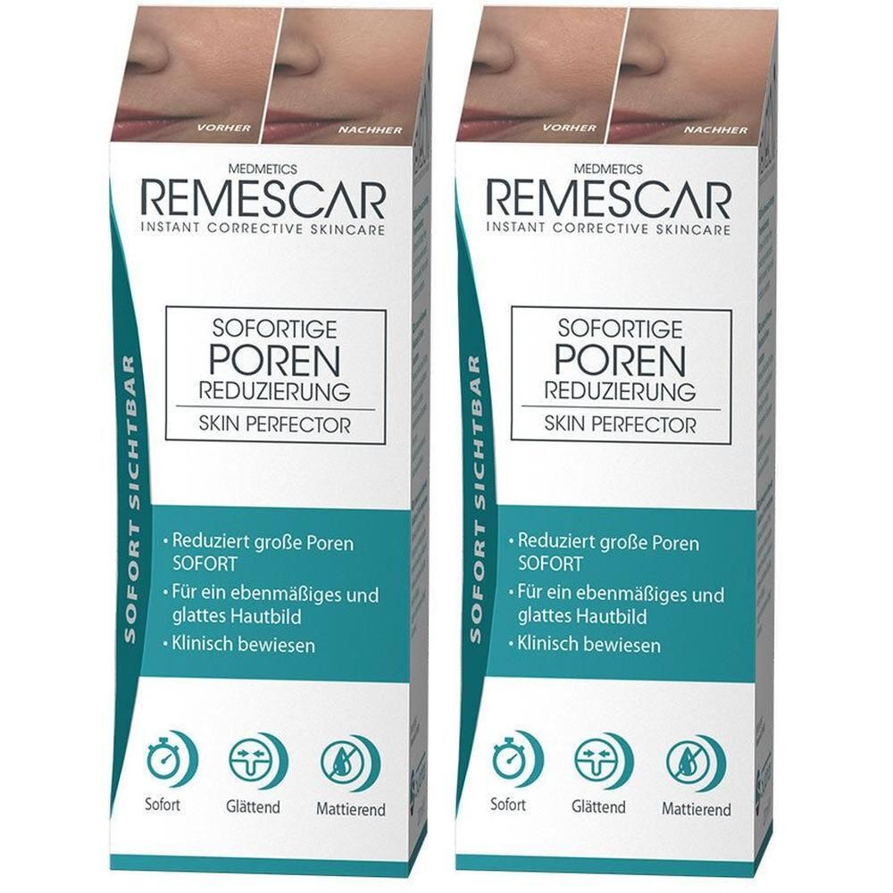 Zwei Packungen Remescar Instant Primer. Weiße Verpackung mit blauer und grüner Schrift. Oben Vorher/Nachher-Vergleich.