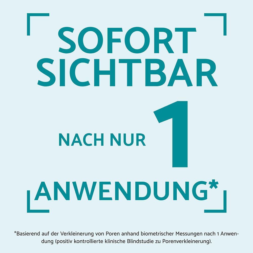 Text: Sofort sichtbar nach nur 1 Anwendung. Text in blauer Schrift auf hellblauem Hintergrund.