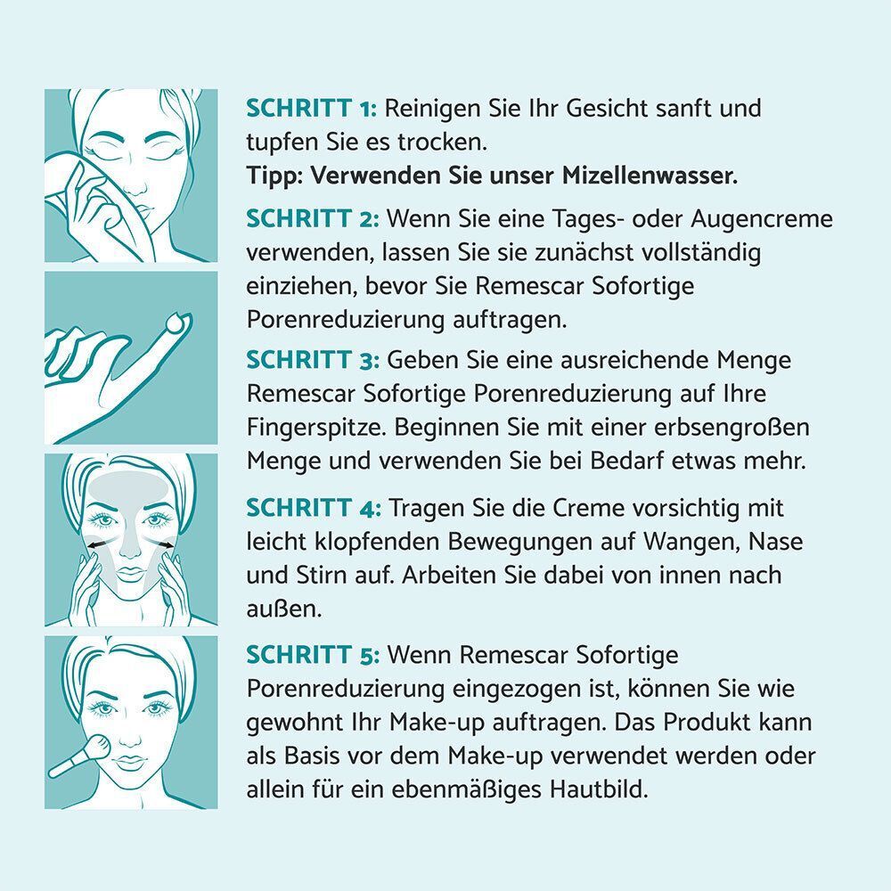 Anwendungsschritte. Illustrationen zeigen die Anwendung von Remescar Instant Primer.