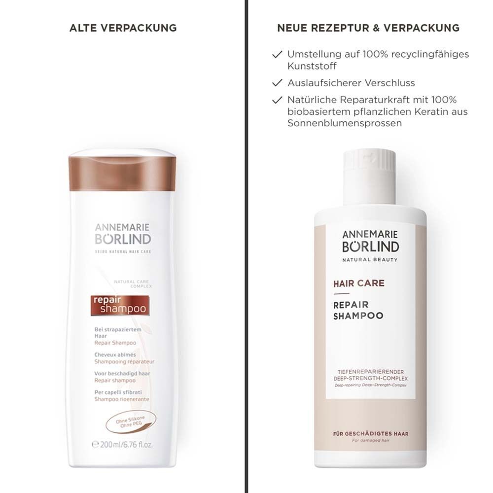 Vergleich alte und neue Verpackung. Links: alte Verpackung. Rechts: neue Verpackung. Text: Hair Care Repair Shampoo.