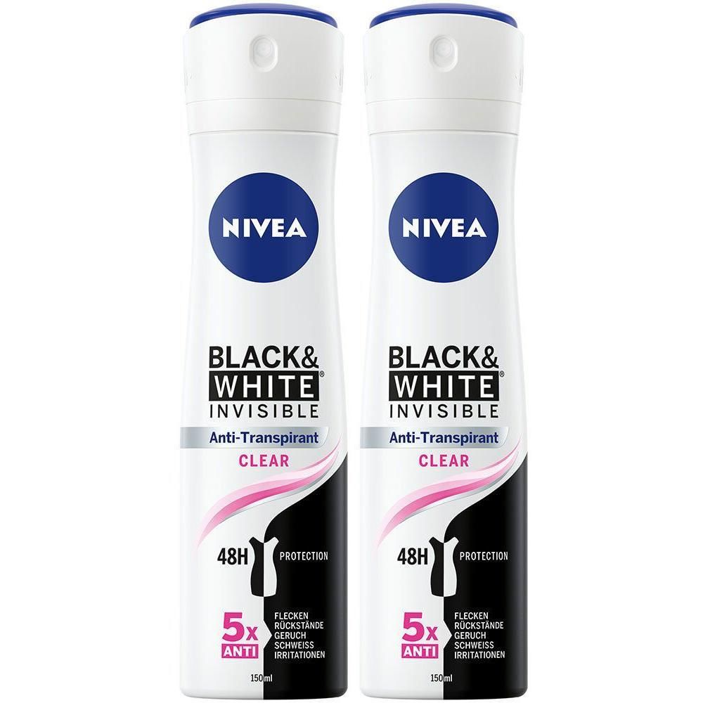 Zwei Deosprays NIVEA Black & White Invisible Clear. Weiße Flaschen mit blauem Deckel und Logo. Schwarze und rosa Elemente.