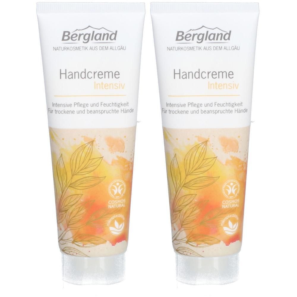 Zwei Tuben Handcreme. Aufschrift: Bergland, Handcreme intensiv. Mit COSMOS NATURAL-Zertifizierung. Weiße Tube mit gelb-braunem Muster.