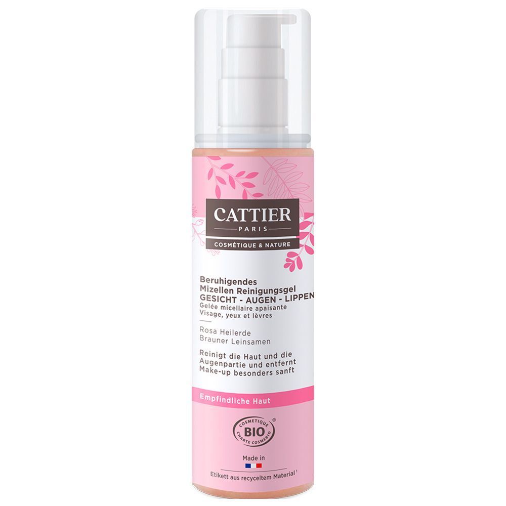 CATTIER Mizellen Reinigungsgel in Pumpflasche. Rosa Flüssigkeit. BIO-Zertifizierung. Text: Beruhigendes Mizellen Reinigungsgel. Für empfindliche Haut.