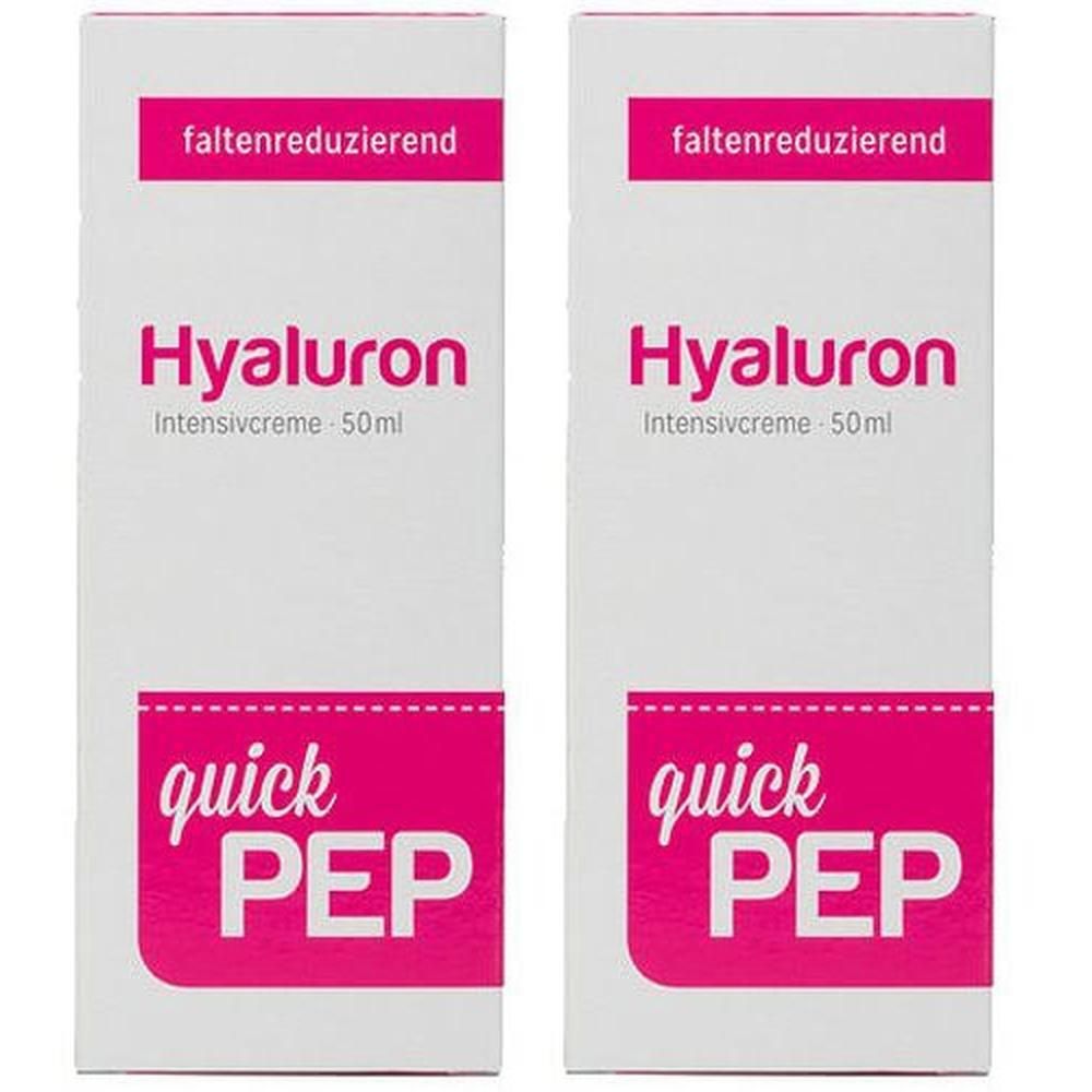 Zwei weiße Faltschachteln mit pinkfarbenen Akzenten. Aufschrift: Hyaluron Intensivcreme, faltenreduzierend, quick PEP.