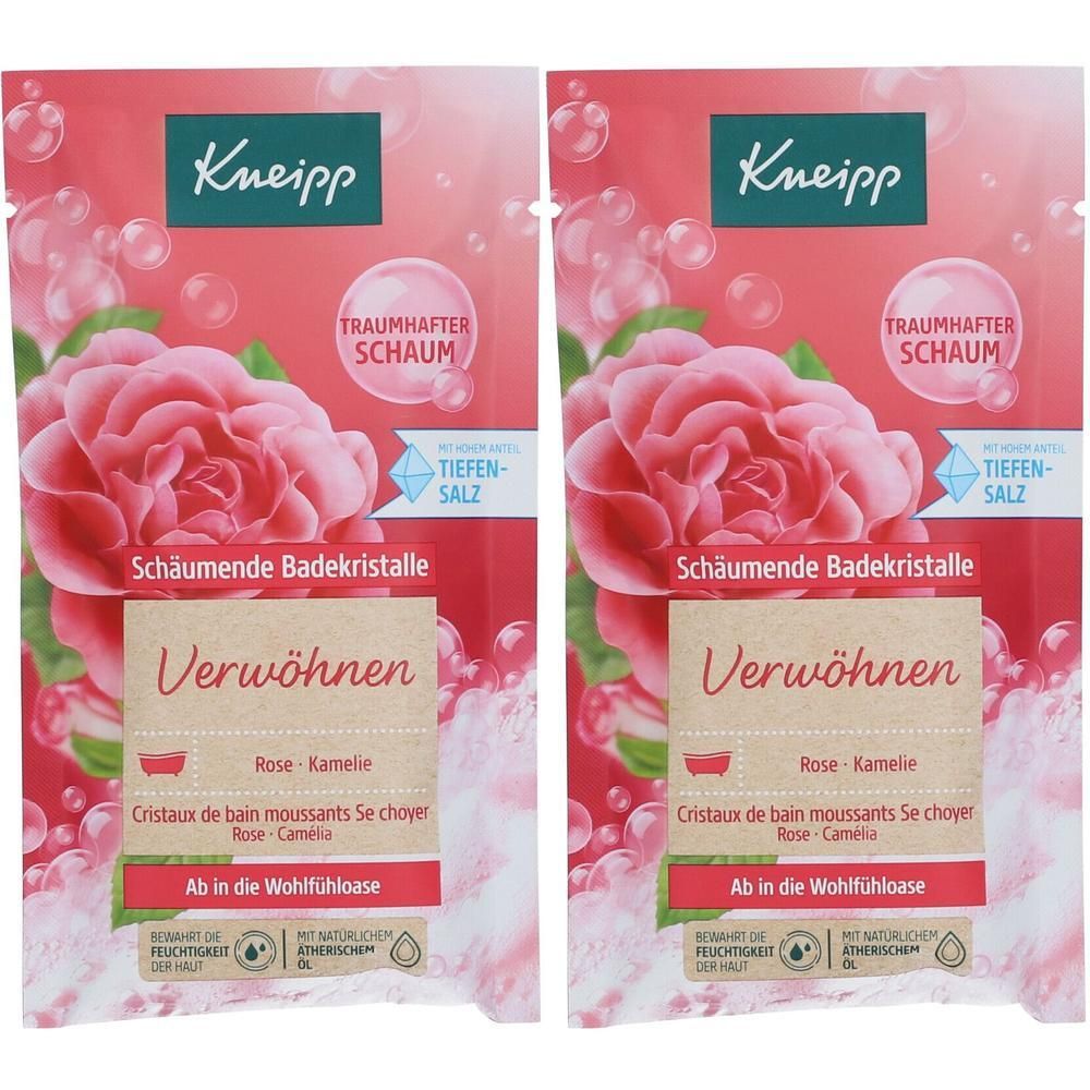 Zwei Beutel mit Badekristallen. Rote Verpackung mit Rosenmotiv und Kneipp-Logo. Text: Verwöhnen, Rose-Kameli.