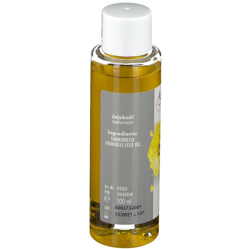 Rückseite einer Jojobaöl-Flasche. Etikett mit Inhaltsstoffen und Chargennummer. "Jojobaöl naturrein".