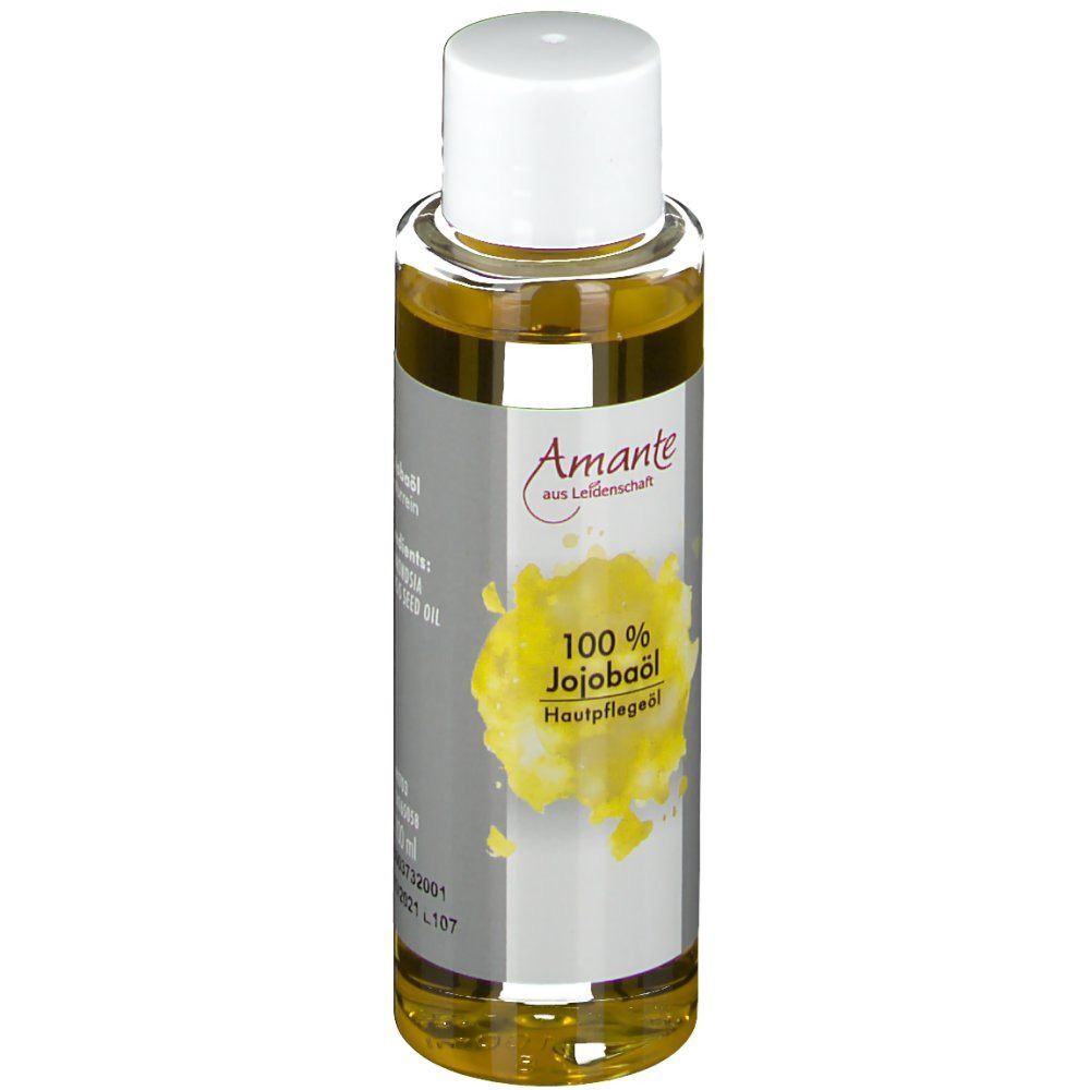 Jojobaöl-Flasche. Etikett mit "Amante" und "100% Jojobaöl". Klare Flüssigkeit in durchsichtiger Flasche.