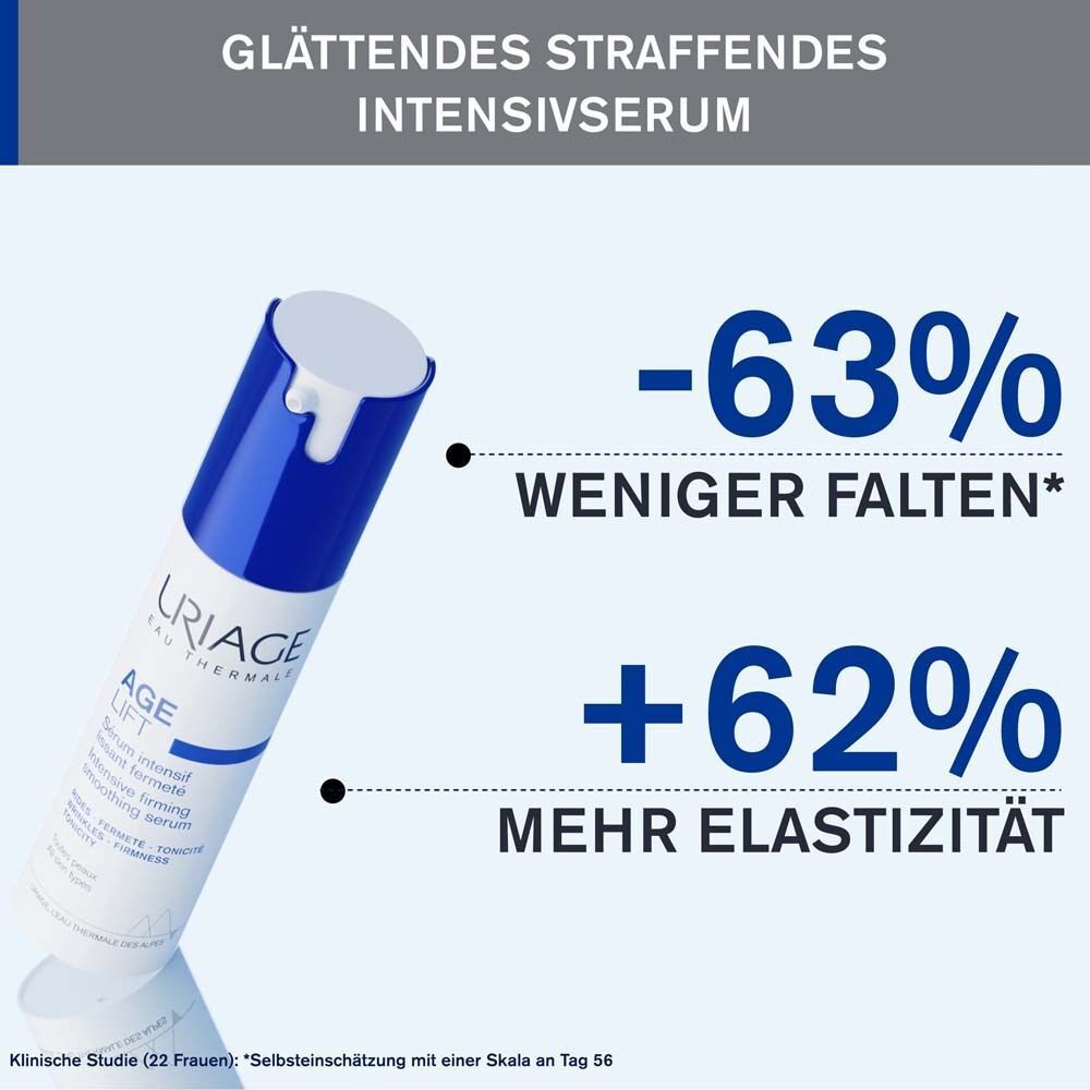 Uriage Age Lift Serum. Text: -63% weniger Falten, +62% mehr Elastizität. Weißes Fläschchen mit blauem Deckel.