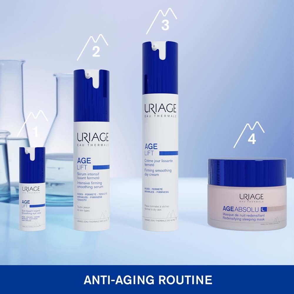 Anti-Aging-Routine mit vier Uriage-Produkten. Serum, Tagescreme, Nachtcreme. Blaue und weiße Verpackung.