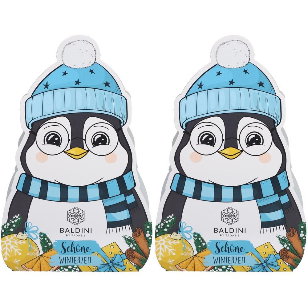 Zwei Verpackungen in Pinguin-Form. Auf jeder Verpackung ist ein Pinguin mit Mütze, Brille und Schal abgebildet. Text: BALDINI, Schöne Winterzeit.