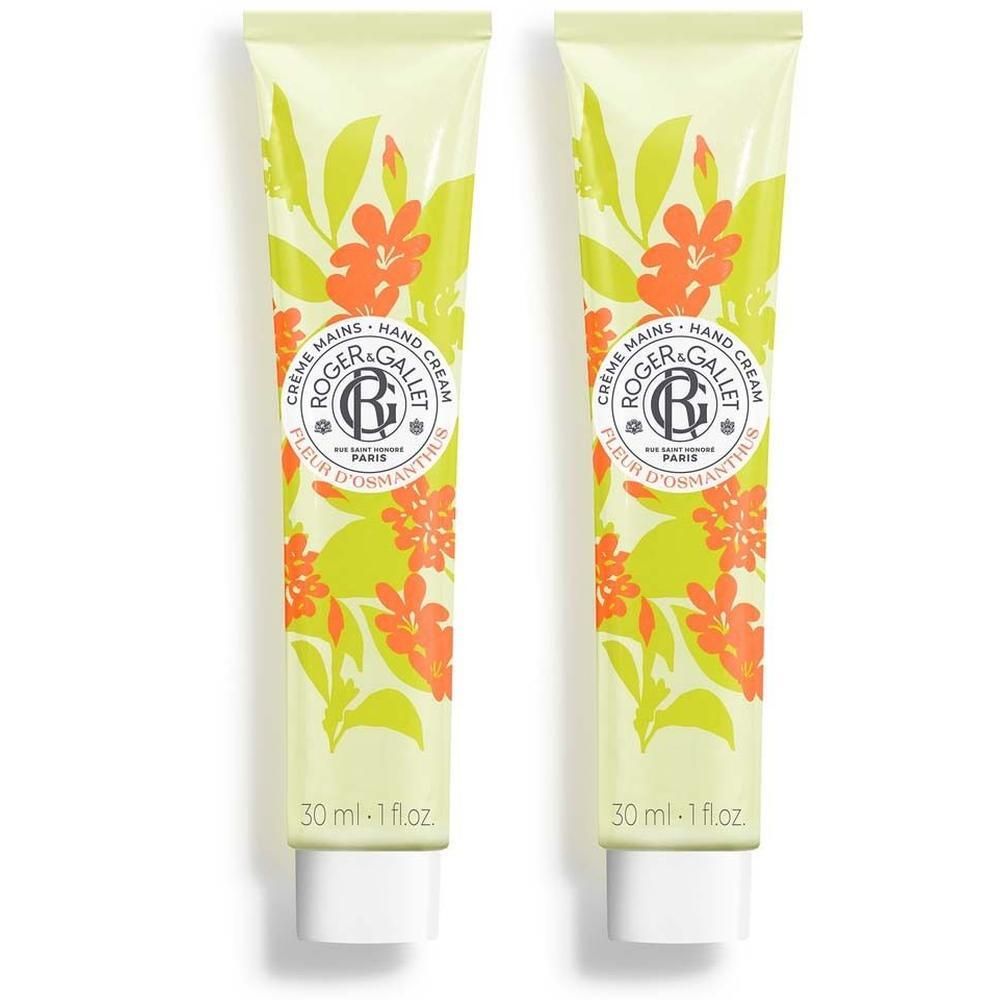 Zwei Tuben Handcreme. Hellgrüne Tuben mit floralem Muster und Schriftzug. Unten steht "30 ml - 1 fl.oz".