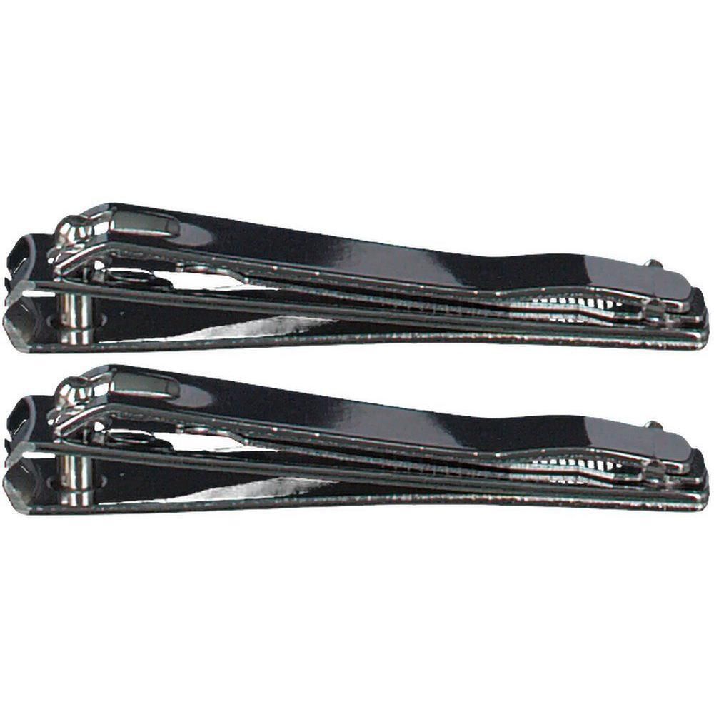 Zwei Nagelknipser aus Metall. Sie sind silberfarben und haben eine gebogene Form. Die Klingen sind sichtbar.