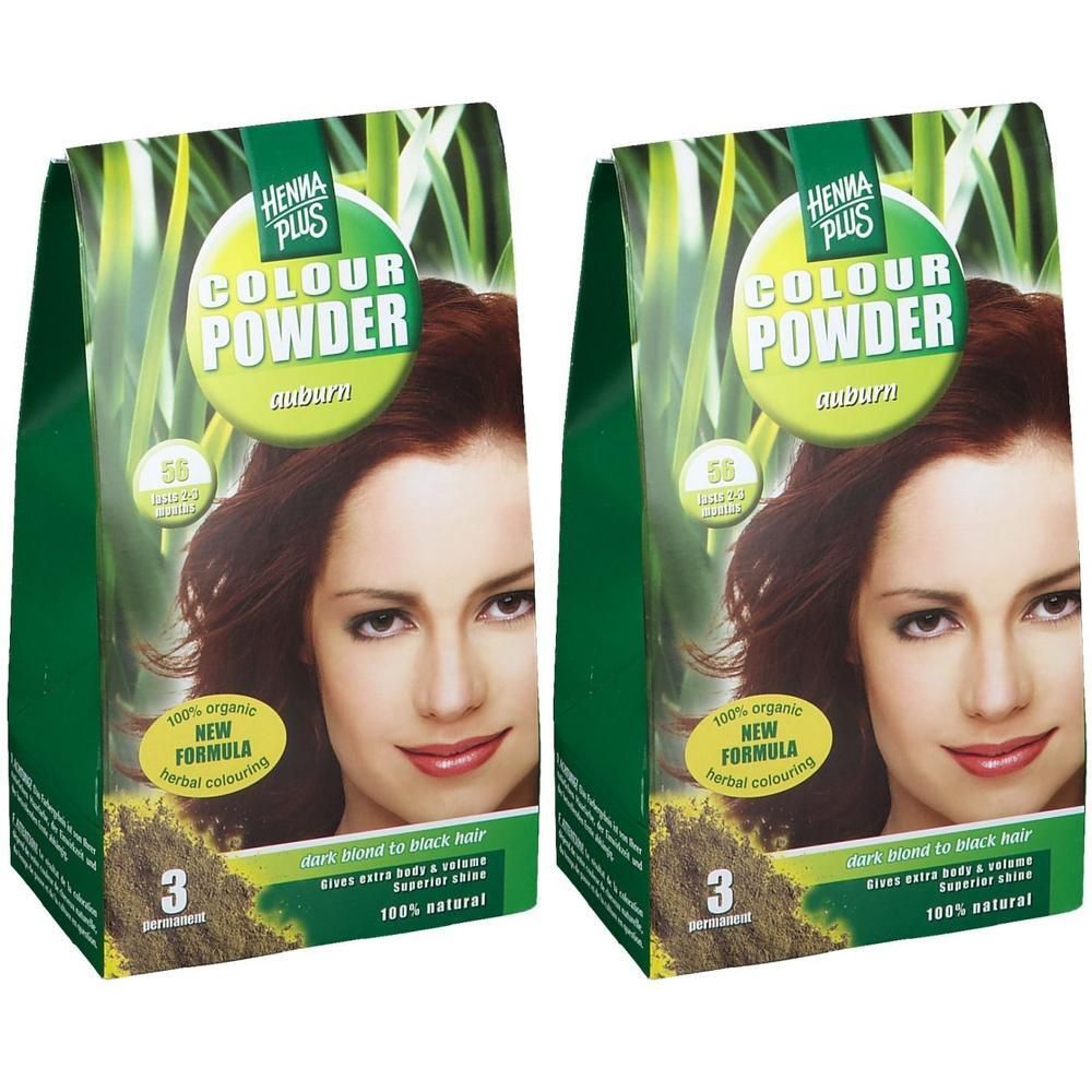 Zwei Packungen Hennaplus Colour Powder Auburn 56. Grün-weiße Verpackung mit Frauenporträt. Text: Colour Powder, Auburn, 100% natural.