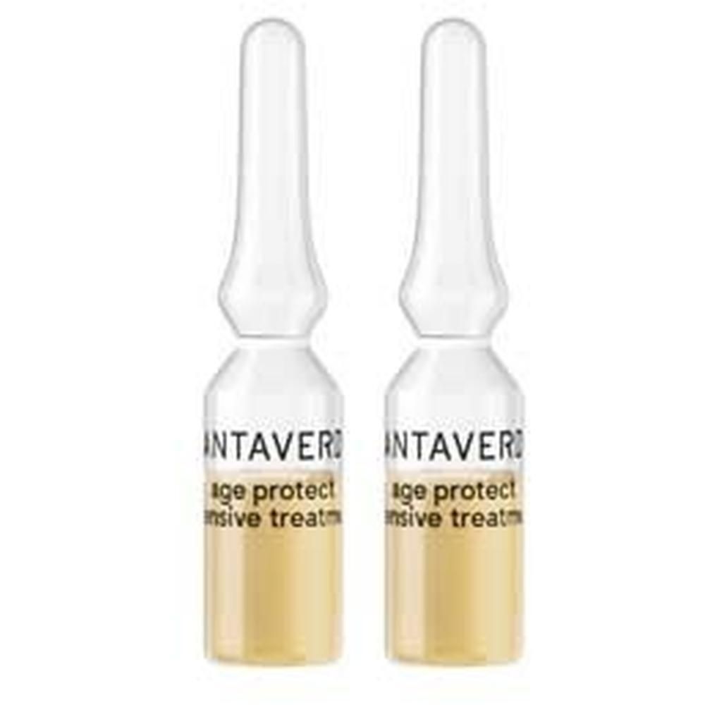 Zwei Ampullen SANTAVERDE age protect intensive treatment. Klare Glasampullen mit gelblicher Flüssigkeit. Beschriftung auf den Ampullen.