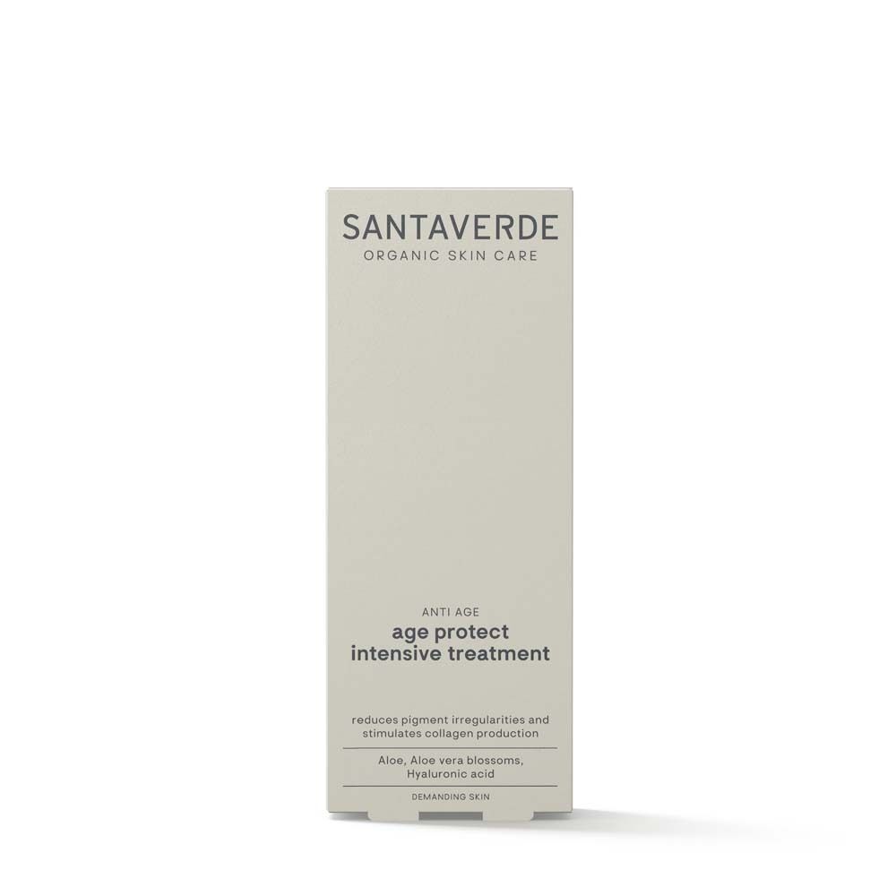SANTAVERDE age protect intensive treatment Verpackung. Rechteckige, helle Schachtel mit Produktinformationen und Logo.